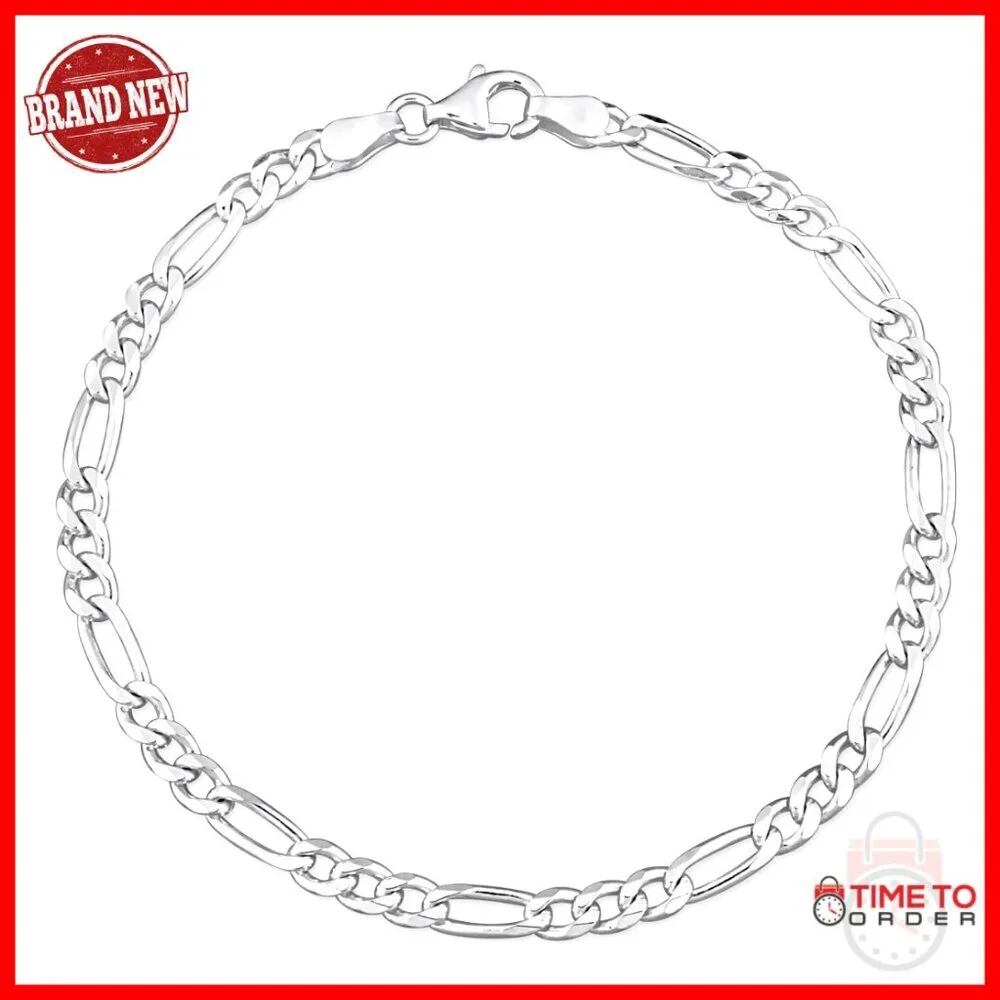 Italian Sterling Silver Figaro Chain Bracelet 7.5 Inch 3.8mm Lobster Clasp